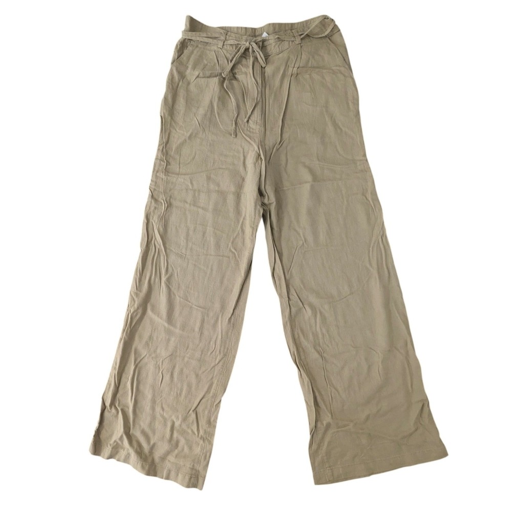 H&M Linen Blend Wide Leg Pants‎ Tan Beige Drawstring Trousers US 10 Coastal Boho